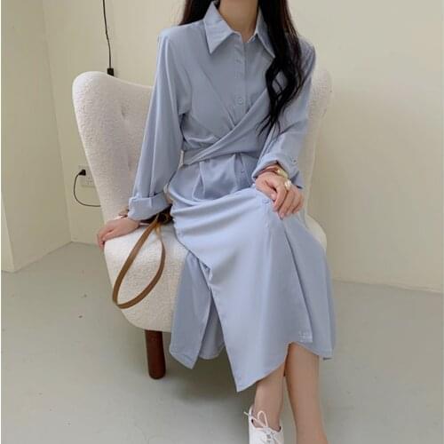 2021 New Women Elegant Womens Shirts Dress Chic Long Sleeve Single Breasted Straight Cross Lace Up Female Loose Dress Autumn