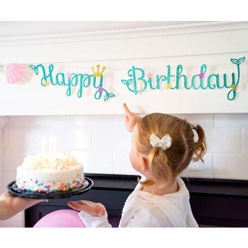3m Little Mermaid Glitter Banner Girl Cartoon Mermaid Party Decoration Wedding Birthday Baby Shower Party Garland Bunting Flag