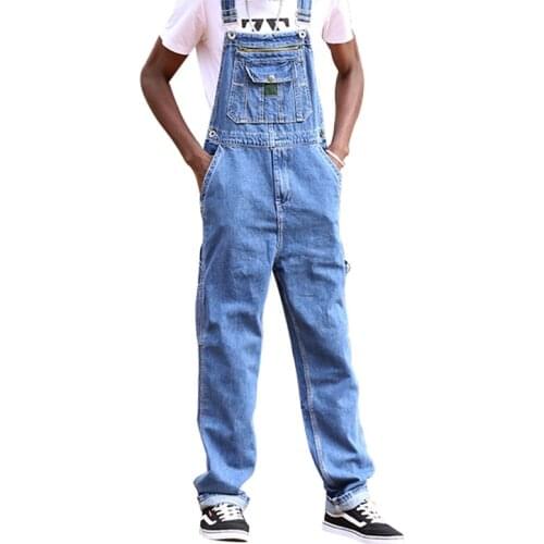 American Loose Jeans Men Overalls Bib Denim Jumpsuits Pocket With Zipper Workwear Straight Wide Leg Pants Blue Trousers Size 50