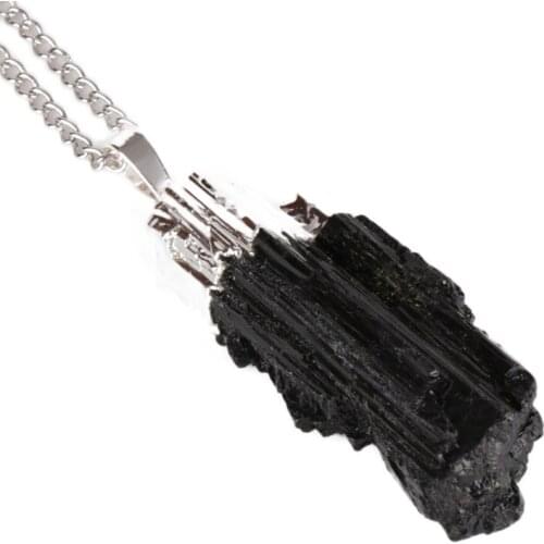 Natural real black rough raw tourmaline stone pendant healing stone two color chain necklace unisex for woman man jewelry