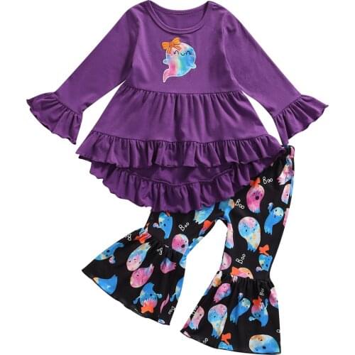 1-6Years Infant Kids Baby Girls Halloween Clothes Set Flare Long Sleeve Ghost Embroidery Tops Shirt Colorful Pants 2Pcs Outfits