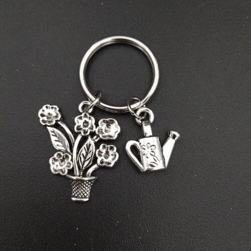 Flower and Watering Can Charm Garden Keychain Stainless Steel Metal Keyring Fashion Women Jewlery Gifts