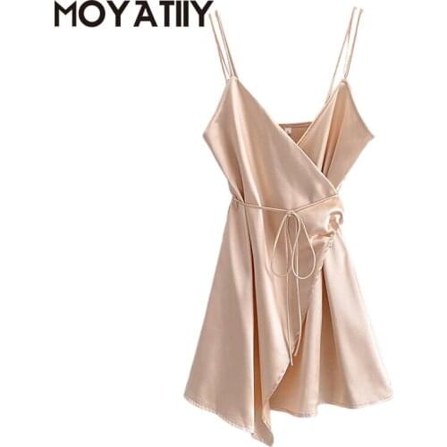 MOYATIIY Fashion Women New Sex Lady Satin Dress Deep V-Neck Lace Up Adjustable Sling Dress Midi Female Clothing for Dance Party