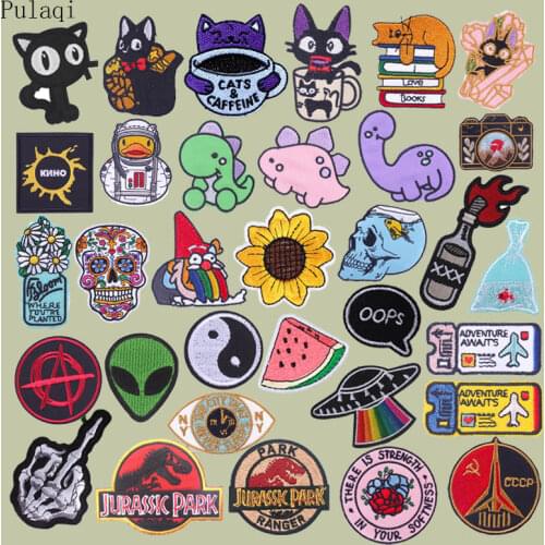 Pulaqi Dinosaur Jurassic Park Patches Clothing Stripe On Badge Metal Rock Band Patches Sewing Cat Embroidered Patches For Jacket