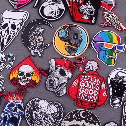 Skull Patch Iron On Patches For Clothing DIY Punk Embroidered Patches On Clothes Stripes Badges On Backpack Applique Accessory