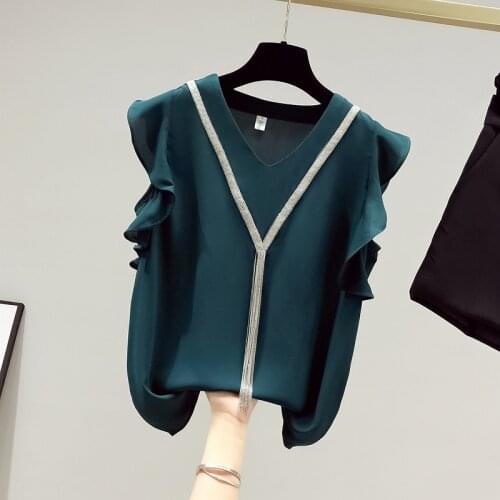 New 2021 Summer Women V Neck Ruffles Sleeves Tassel Chiffon Shirts Female Casual Pullover Tops Office Ladies Shirt Blouse