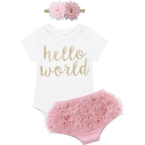 Newborn Clothes Set Infant Baby Girls Hello World Outfit Short Sleeves Romper Bloomers Headband Casual Jumpsuit Set 3-18 Months