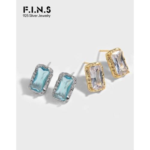 F.I.N.S Simple Sterling Silver S925 Stud Earrings Luxury Clear Square Ocean Blue White CZ Uneven Wedding Earrings Fine Jewelry
