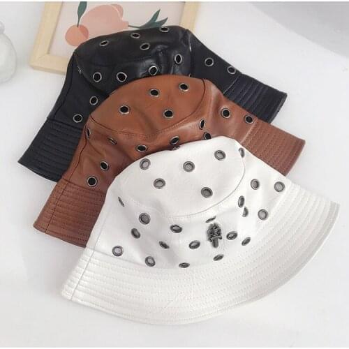 Fisherman Hat Female Street Fashion Punk Style All-Matching Basin Hat Autumn and Winter PU Leather Hat