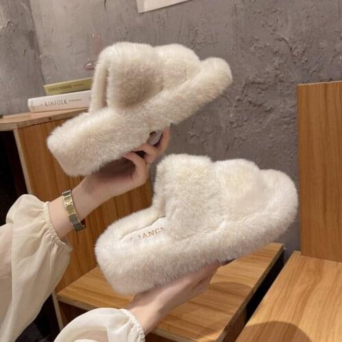 Korean Double band fur slides female warm fluffy platform shoes thicken soled winter fleeces slippers women shearling pantufa