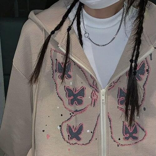Zip-up hoodie y2k butterfly print winter leisure y2k vintage long-sleeved pullover punk streetwear Harajuku Oversized outerwear