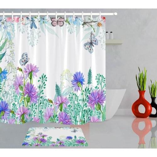 Watercolor Flowers Butterflies Shower Curtains Home Decor Polyester Fabric Waterproof Mildew Proof Bath Screens with Hooks
