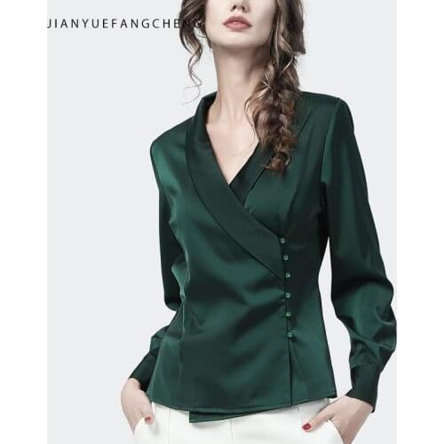 Elegant Suit Collar Women' Long Sleeve Satin Blouse Dark Green Beaded V-Neck Irregular Button-Down Tops 2021 Autumn Tunic Shirts
