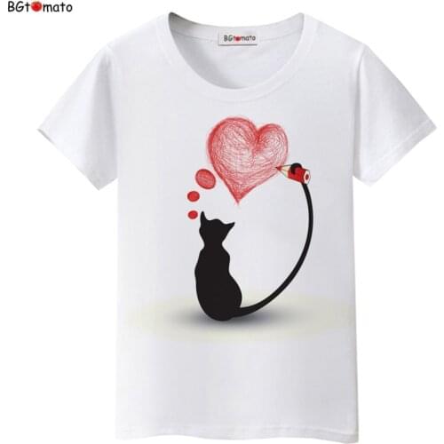 2021 Black cat pink love t-shirt women love story Literature and art shirts Good quality brand clothes casual tops