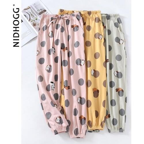 Womens Long Trousers Elastic Waist Sleeping Pants Autumn Cotton Cartoon Printing Sleep Bottoms Loose Cute Sleepwear Lounge Wear