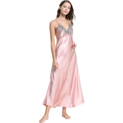 Women Long Nightgowns Lace Night Dress Negligee Satin Nighty Dressing Gowns Sleepwear Silk Nightwear Plus Size Nightshirts Pink