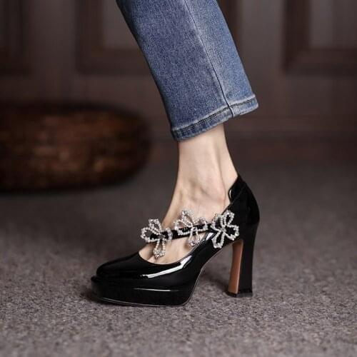 Womens Platform Patent Leather Pearls Flowers Block High Heel Pumps Platform Shoes Mary Janes Vintage Black New 2022