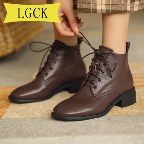 Plus Size 34-39 Genuine Leather Womens Ankle Motorcycle Boots Retro Black Chunky High Heels Winter Boots Vintage Shoes Woman