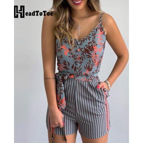 Leaf Print Striped Spaghetti Strap Tied Romper Women Playsuits Sleeveless Summer Casual One Piece Overalls Jumpsuits