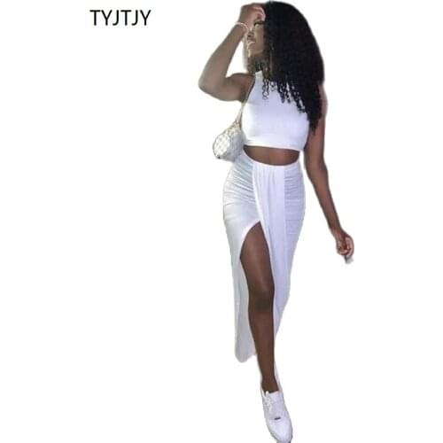 2021 New Summer Women Crop Top Long Skirts Two Piece Set White Party Club Wear Sexy Split Skirts Sets Casual Clothing