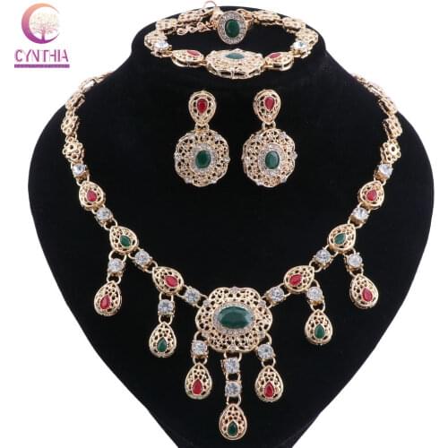 Gold Color Necklace Earrings Bracelet Ring Set for Women Elegant Party Gift Fashion Costume Wedding Bridal Jewelry Sets