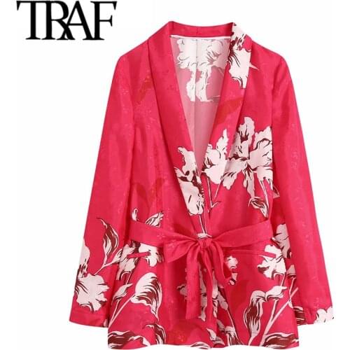 TRAF Women Fashion With Belt Floral Print Blazer Coat Vintage Long Sleeve Welt Pockets Female Outerwear Chic Veste