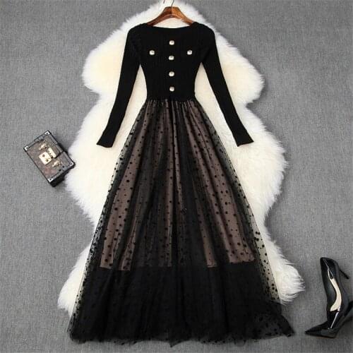 Runway Spring Dresses for Women 2020 New Fashion Clothes Long Sleeve Buttons Knitted Patchwork Dot Mid Calf Tulle Party Dress
