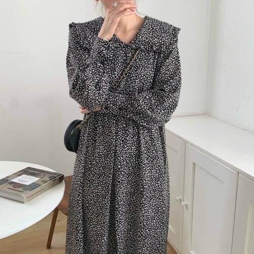 2021 New Women Spring Vintage Long Chiffon Floral Dress High Waist Full Sleeve Peter Pan Collar A-line