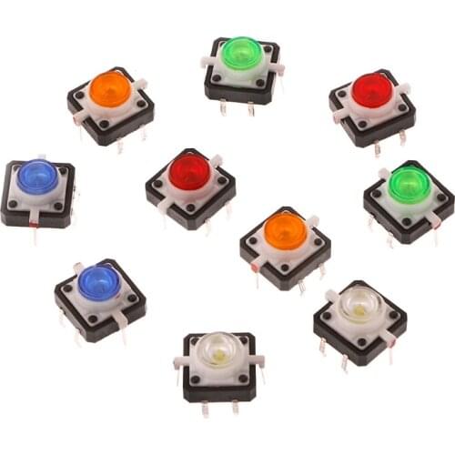 10 Pcs LED Light Momentary Tactile Tact Push Button Switch 12x12x7.3mm 5 Colors