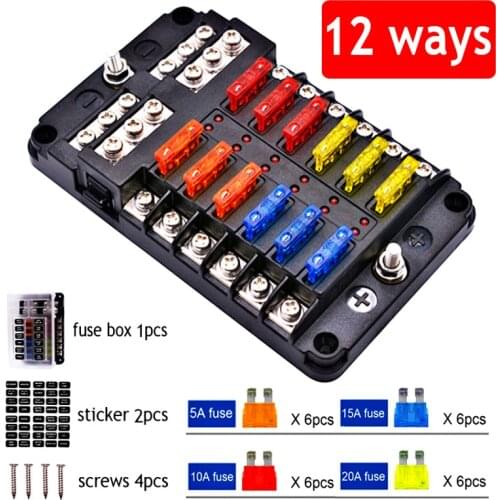 12V 32V Plastic Cover Fuse Box Holder M5 Stud With LED Indicator Light 6 Ways 12 Ways Blade for Auto Car Boat Marine Trike