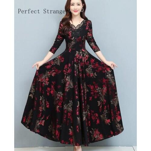 2020 Autumn New Arrival High Quality Hot Sale V Collar Lacing Flower Printed Long Sleeve Women Long Dress