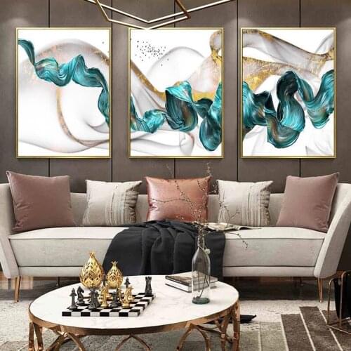Abstract Golden Luxury Painting Canvas Painting Blue Ribbon Picture Home Decor Wall Art Nordic Print And Poster For Living Room
