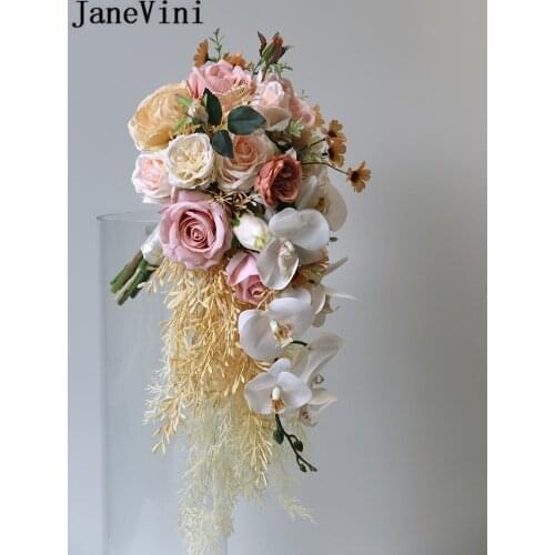 JaneVini European Style Bridal Bouquet Waterfall White Orchid Pink Rose Artificial Bruid Wedding Bouquet Bride Ramo De Flores