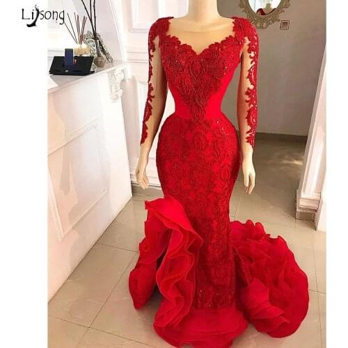 Demure Red Mermaid Evening Dresses Full Sleeves Luxury Beaded Long Evening Gowns Ruffles Bottoms Vestidos De Fiesta