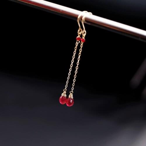 DMBS006 18K Gold Genuine Gemstones Faceted Ruby Long Earring Earrings for Girlfriend Gift Earrings