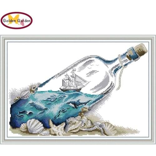 GG Sea In A Bottle Stamped Cross Stitch Joy Sunday Kit Art Deco Patterns Embroidery Needlework Set Cross Stitch for Home Decor