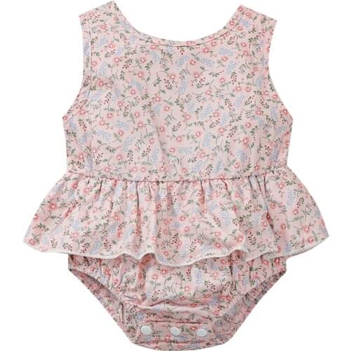 0-24M Baby Girl’s Fresh Floral Romper Fashion Round Neck Sleeveless Skirt Hem Triangle Jumpsuits