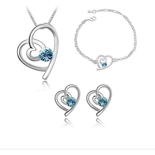 QiLeSen Fine jewelry 925 sterling silver for ladies wedding heart rhyme Sea blue necklace earrings bracelet set yw066