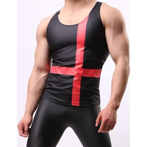 Men Pu Leather Sexy Fitness Tank Top/Sleeveless Mens Printed Bottom Bodybuilding Stringers Vest