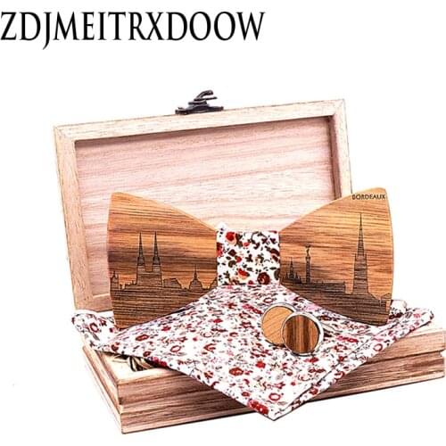 French city series landmark buildings Bordeaux Mens Wooden bow tie Corbatas Para Hombre Pocket Square Cufflinks Set Dropshipping
