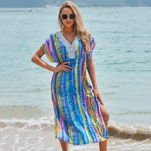 Bikini Cover-ups Sarongs For Women Beachwear Kaftan Bohemian Printed Long Summer Beach Dress Cotton Tunic Swimsuit Cover Up