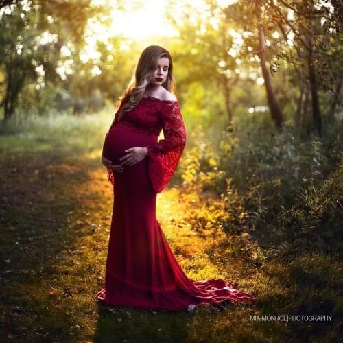 2021 New Elegant Mermaid Maternity Dresses Pregnant Woman Formal Evening Gowns Dark Red Lace Off Shoulder Long Flare Sleeve
