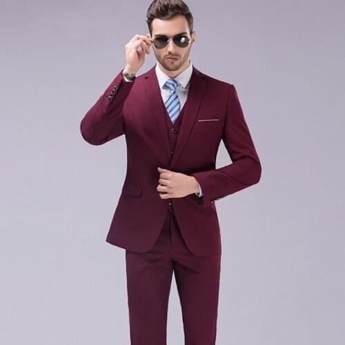 New Arrival One Button Burgundy Groom Tuxedos Groomsmen Notch Lapel Mens Suits Blazers (Jacket+Pants+Vest+Tie) W:1027