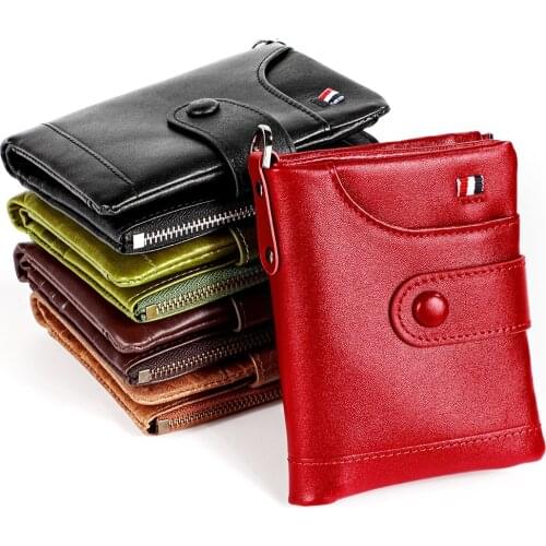 New women genuine Leather wallets ANTI-theft brush design mens wallet short double zipper buckle retro card photo holder wallet