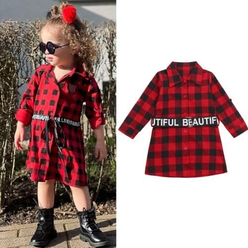 FOCUSNORM Fashion Autumn Toddler Girls Plaid Printing Dress With Belt Outfits 1-6Y Single Breasted Long Sleeve A-Line Dress