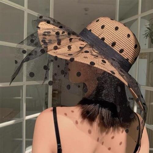 Sun Hat For Women Elegant Charming Dot Net Yarn Straw Hat Summer Wide Brim Beach Hat French Hepburn Female Travel Visors Caps