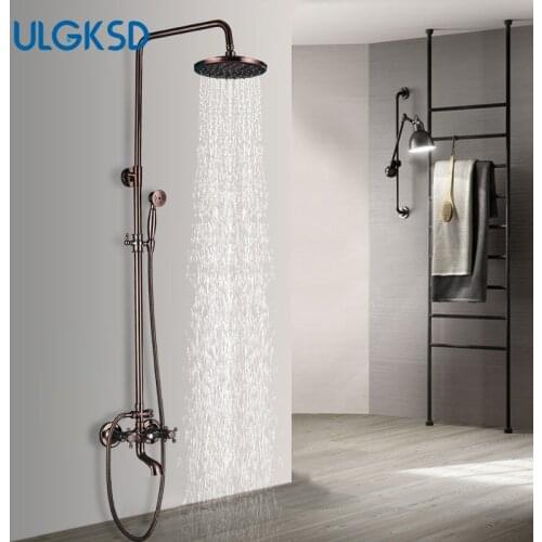 Red Bronze Bathroom Shower Faucet 8" Rainfall Shower Head Mixer Taps With Handshower Adjustable Height Bath Shower Kit Set