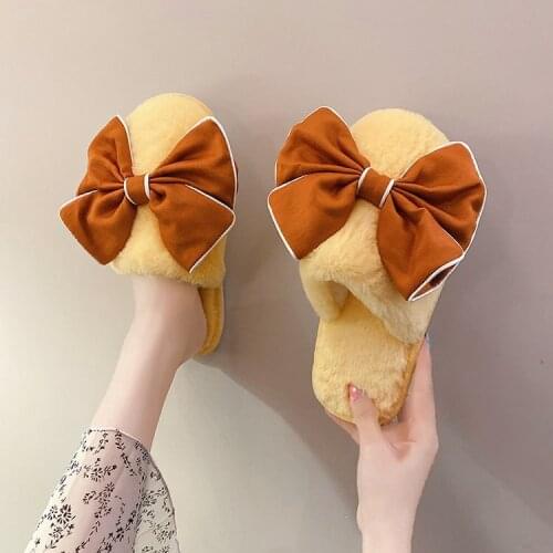 Slippers New Womens autumn and winter temperament womens bow plush slippers soft womens anti slip cotton slippers