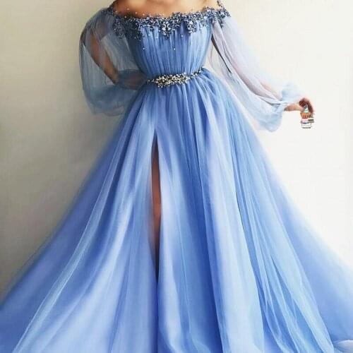 Princess Evening Dresses Elegant A Line Long Sleeves Formal Dress Beaded vestido longo Evening Gown Ice Blue robe de soiree