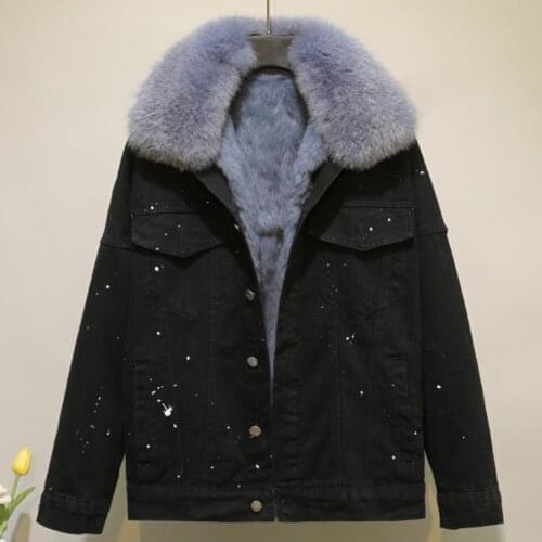 2021 new Korean loose thick black denim parka real fur coat female autumn winter fox fur collar printing graffiti jean jacket